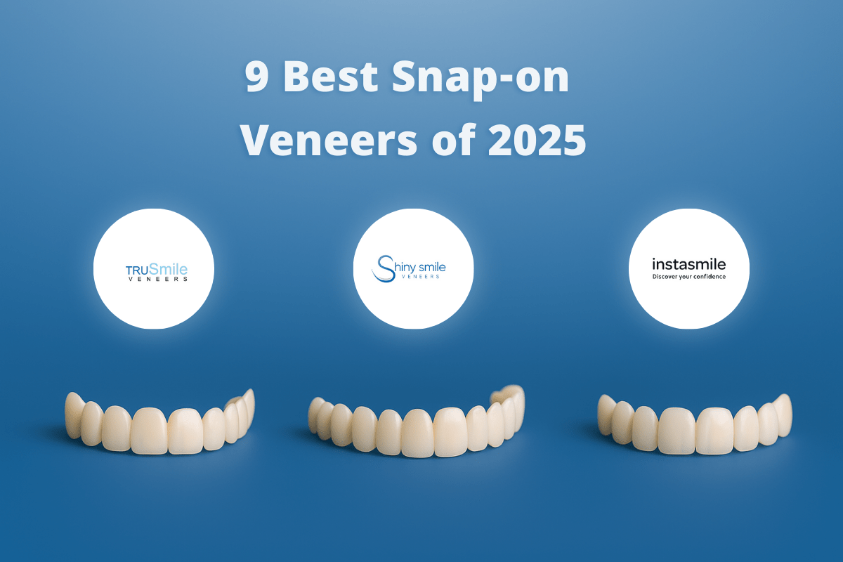 Comparison graphic showing three popular snap-on veneer brands of 2025—TRUSmile, Shiny Smile, and Instasmile—with realistic 3D renderings of each veneer set placed below their respective logos on a blue background.